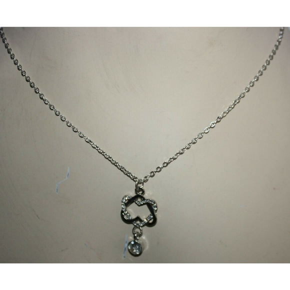 Sliver Plated Zirconia Necklace Double Heart Women's Dangle Jewelry New - Picture 2 of 4